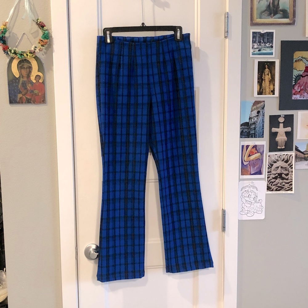 Free People Blue Plaid Flare Pants